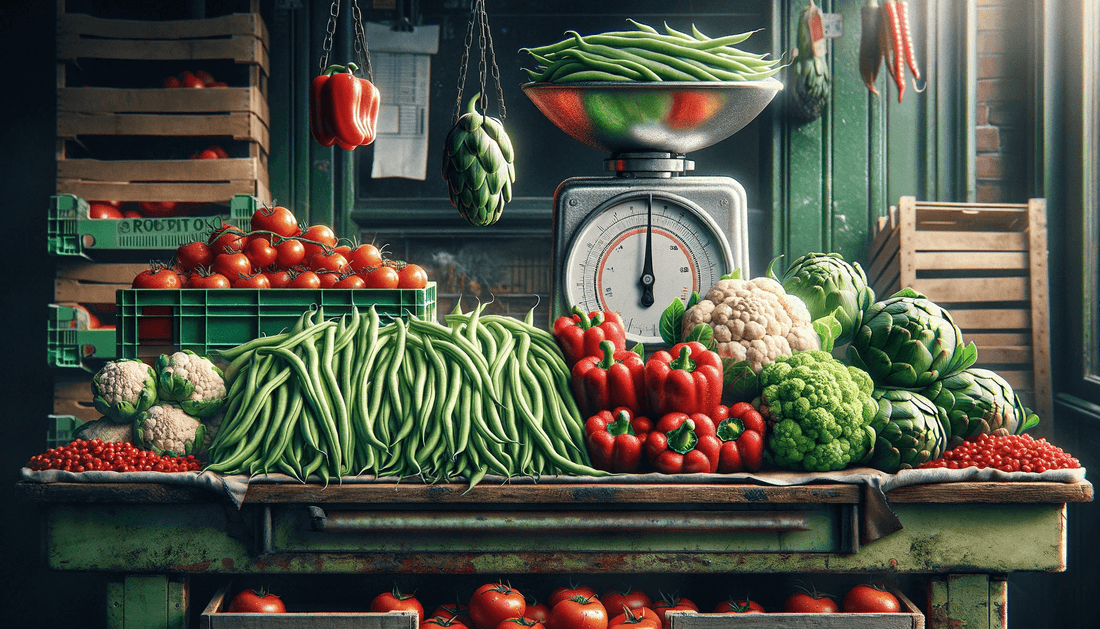 Étalage coloré d'un marché bio avec des haricots verts, des poivrons rouges, des artichauts et des tomates