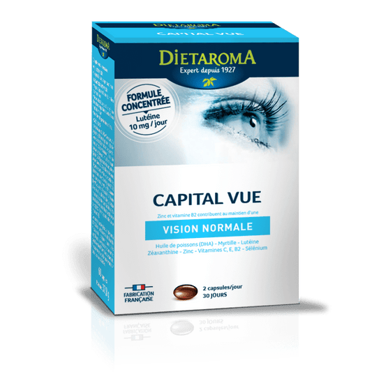 Capital Vue de Dietaroma : Un allié naturel pour votre vision ! Découvrez ce complément alimentaire riche en lutéine, zinc et vitamines pour maintenir une vision normale. 60 capsules pour 30 jours de bien-être visuel.