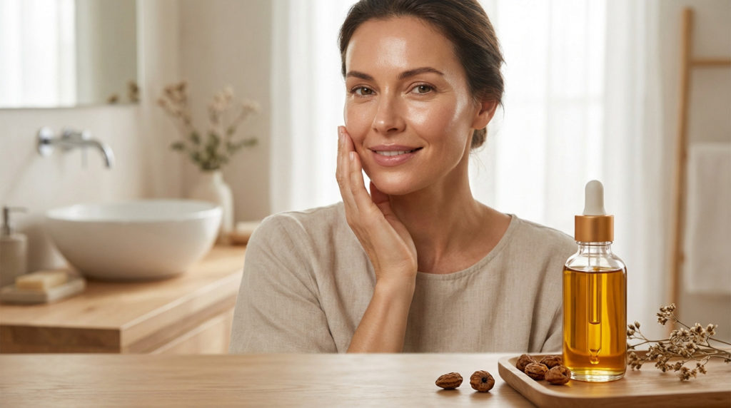 Woman with radiant skin touching her cheek, smiling, next to an amber oil bottle and tiger nuts in a bright bathroom.