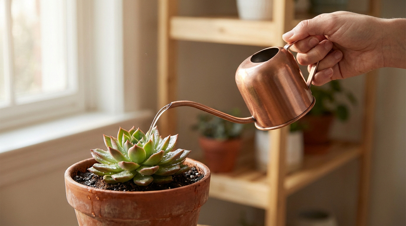 Close-up of a hand watering a vibrant succulent in a terracotta pot with a copper can, water droplets visible, soft natural light.