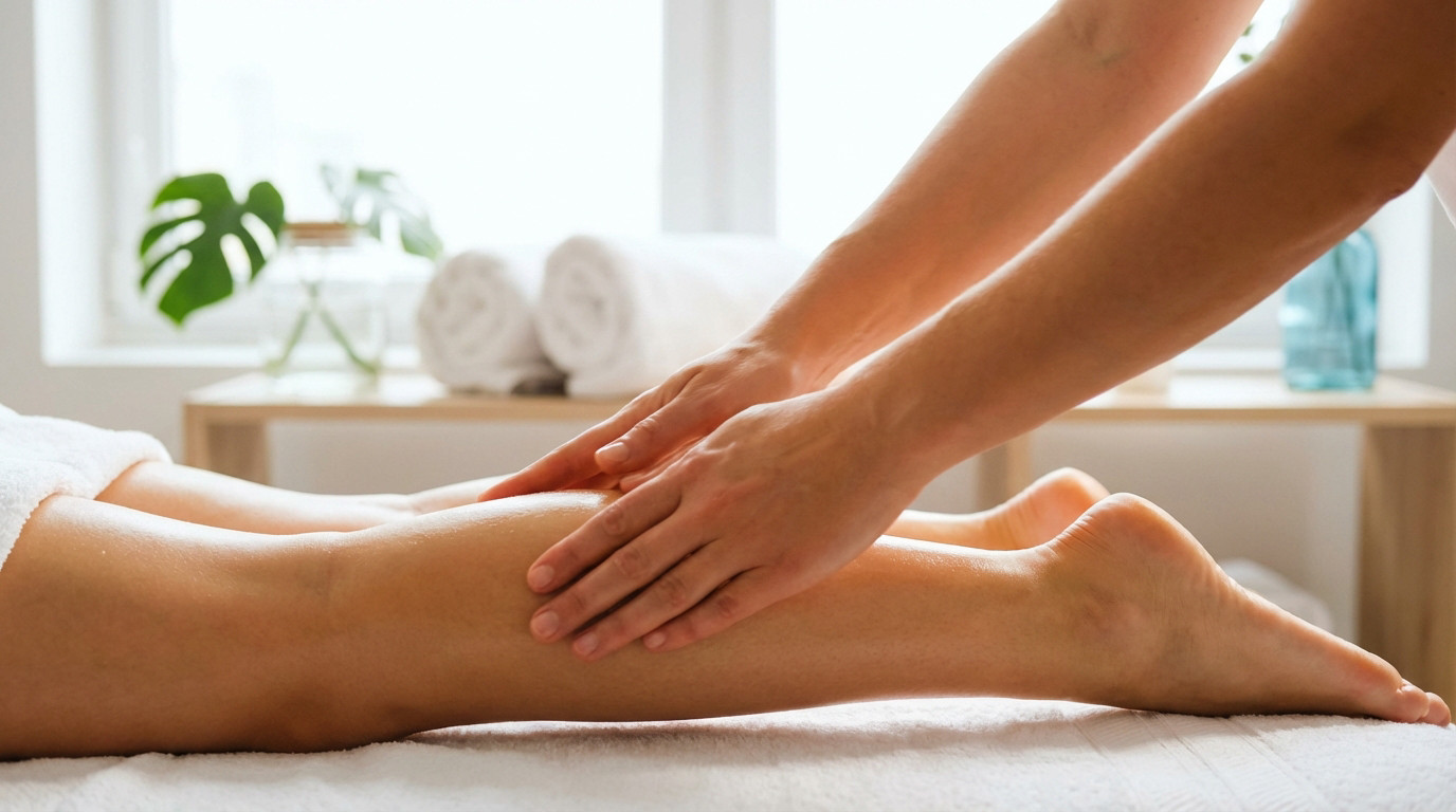 Hands gently massage a leg, illustrating lymphatic drainage in a serene, well-lit spa environment with radiant skin.