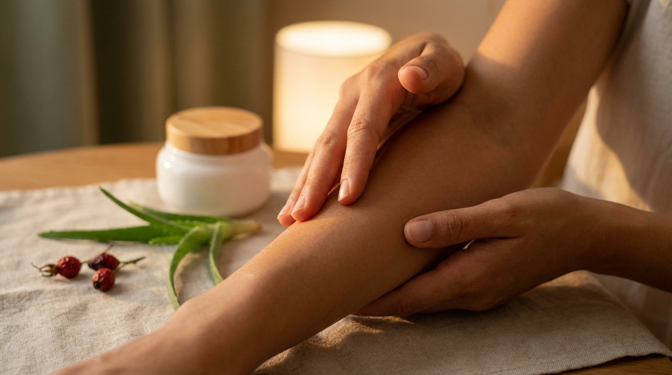 Close-up of hands gently touching a forearm, with a cream jar, aloe vera, and rosehips in a soft-focus background, conveying natural skincare and well-being.