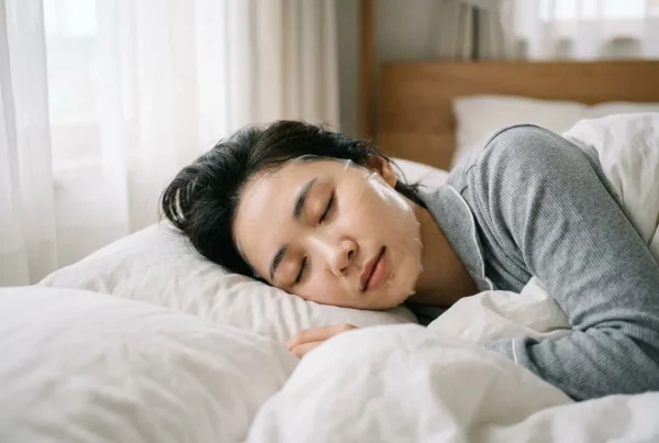 Femme dormant paisiblement sur lit, visage détendu avec masque hydrogel collagène nuit appliqué sur les contours.