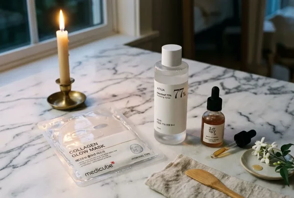Masque hydrogel collagène nuit posé sur une table, entouré de sérum et flacon, ambiance soin nocturne K-Beauty.