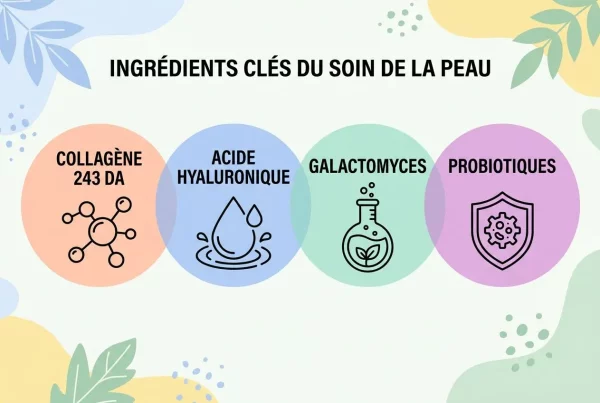 Illustration des ingrédients clés du soin de la peau: collagène 243 DA, acide hyaluronique, galactomycès et probiotiques. masque hydrogel collagène nuit inclus.