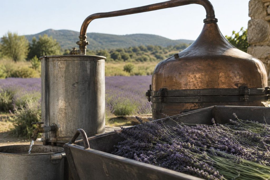 Distillation de la lavande à la vapeur d’eau pour obtenir une huile essentielle bio